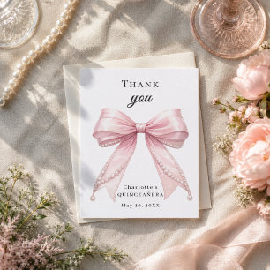 Quinceanera pink bow pearls elegant thank you card