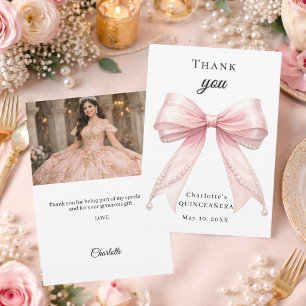 Quinceanera pink bow pearls photo thank you card
