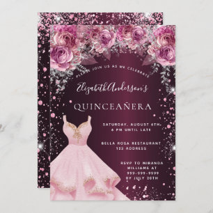 Quinceanera pink burgundy glitter dress floral invitation