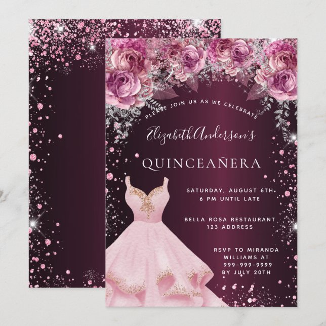 Quinceanera pink burgundy glitter dress floral invitation (Front/Back)