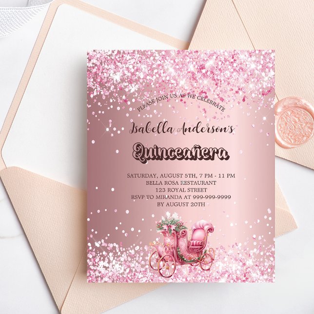 Quinceanera pink carriage budget invitation (Creator Uploaded)