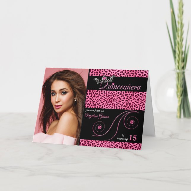 Quinceanera Pink Cheetah Print with Photo Invitation (Front)