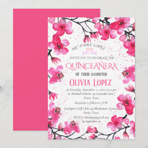 Quinceañera Pink Cherry Blossom Floral Birthday Invitation