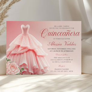 Quinceanera Pink Dress Silver Floral  Invitation