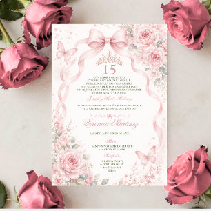 Quinceañera Pink floral 15 Años Princess Tiara Invitation
