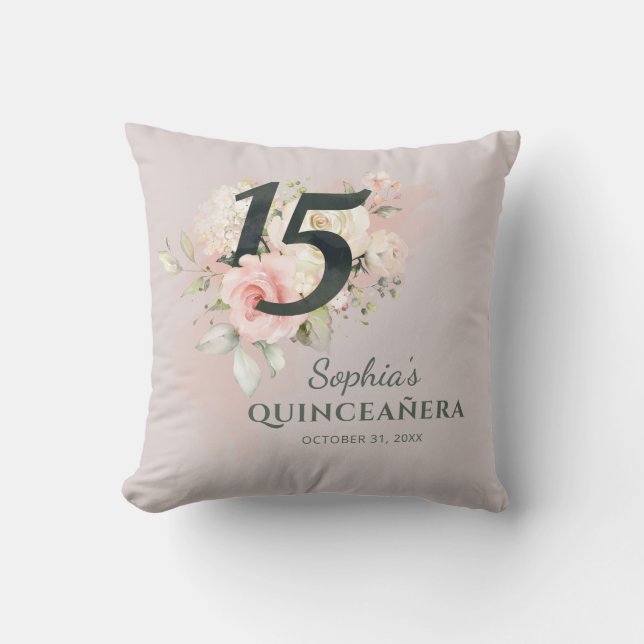 Quinceanera Pink Floral 15th Birthday Cushion (Front)