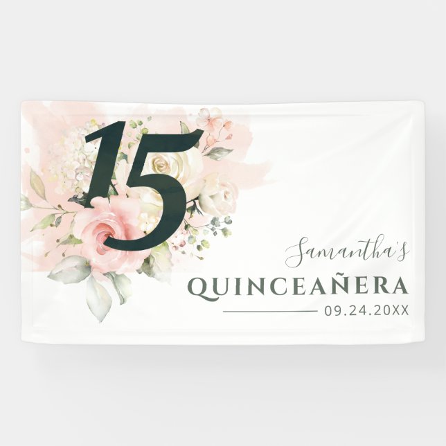 Quinceanera Pink Floral 15th Birthday Script Banner (Horizontal)