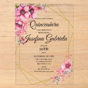 Quinceanera pink floral acrylic invitations