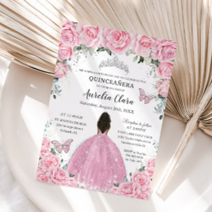 Quinceañera Pink Floral Butterflies Brown Princess Invitation