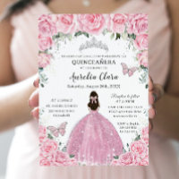 Quinceañera Pink Floral Butterflies Silver Tiara