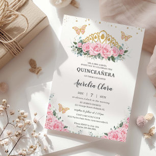 Quinceanera Pink Floral Gold Crown Butterflies Invitation