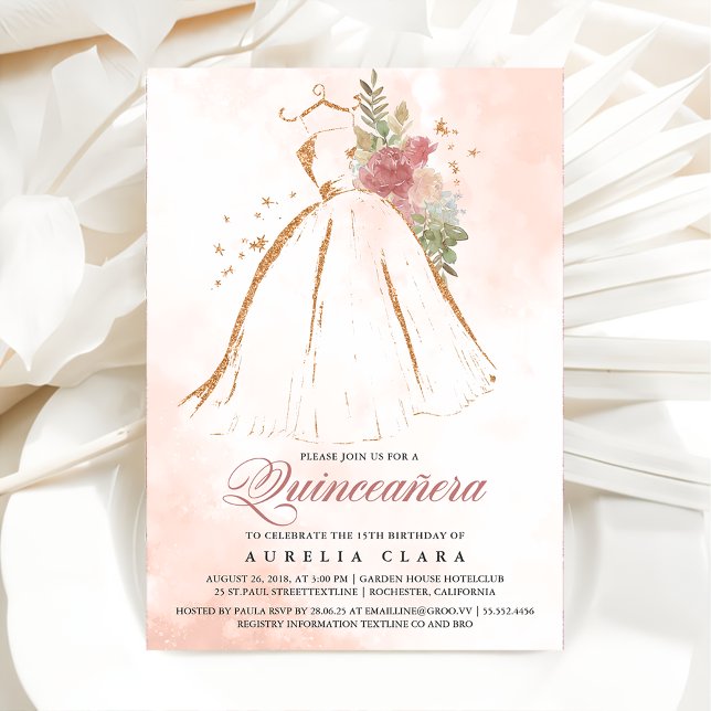Quinceañera Pink Floral Gold Dress 15th Birthday Invitation (Creator Uploaded)