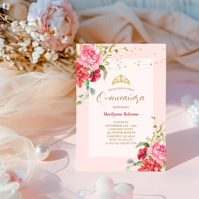 Quinceañera Pink Floral Gold Invitation (Creator Uploaded)