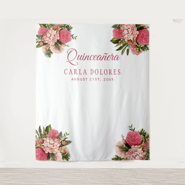 Quinceañera pink floral photo booth backdrop tapestry (Front)