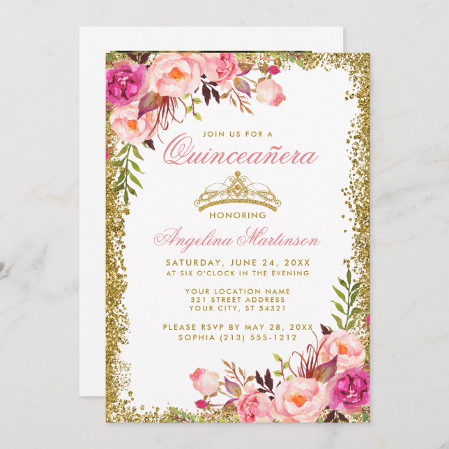 Quinceanera Pink Floral Photo Gold Glitter Crown Invitation (Front/Back)