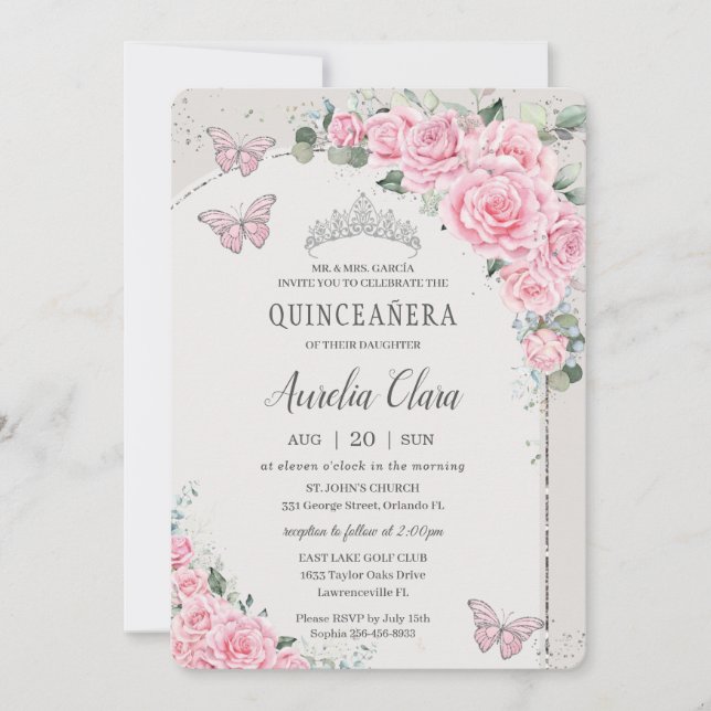 Quinceañera Pink Floral Princess 15 Años Butterfly Invitation (Front)