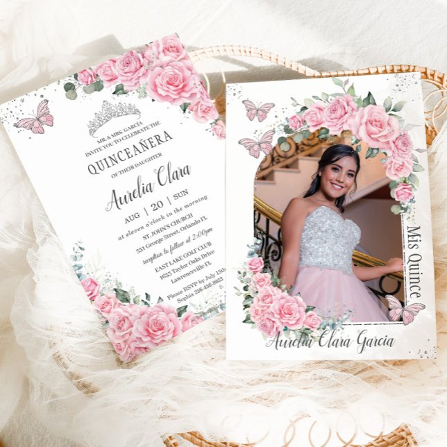Quinceañera Pink Floral Princess Butterflies Photo Invitation (Creator Uploaded)