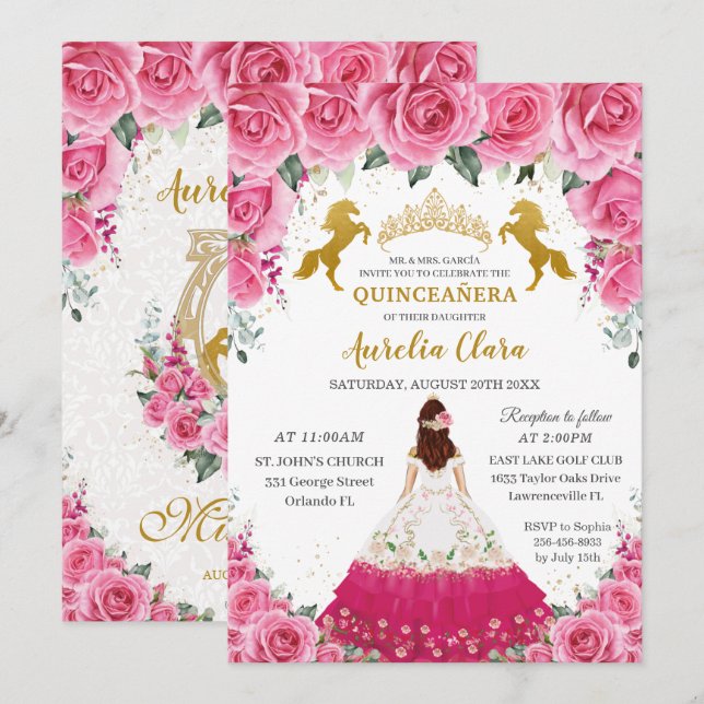 Quinceañera Pink Floral Princess Charro Gold Horse Invitation (Front/Back)
