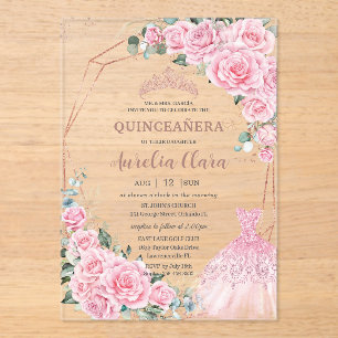Quinceanera Pink Floral Princess Dress Rose Gold Acrylic Invitations