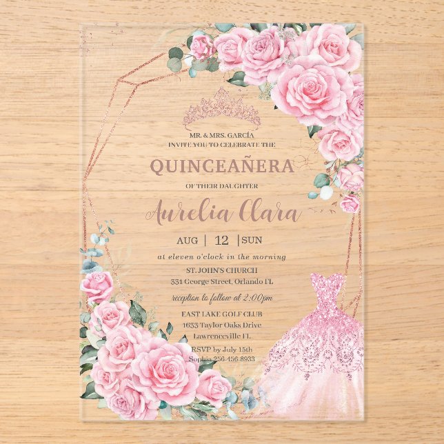 Quinceanera Pink Floral Princess Dress Rose Gold Acrylic Invitations (Front)
