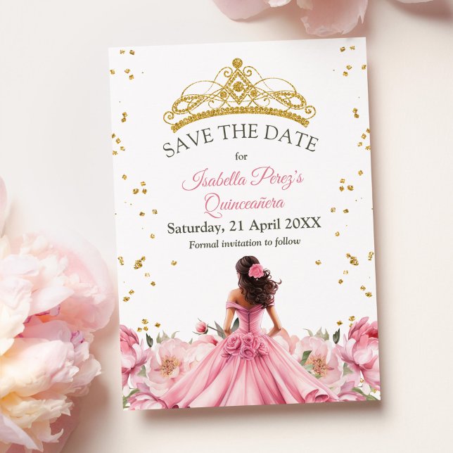 Quinceanera Pink Floral Princess Save the Date  Invitation (Quinceanera Pink Floral Princess Save the Date Invitation on a table with pink peonies.)