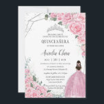 Quinceañera Pink Floral Princess Silver Birthday Invitation<br><div class="desc">Personalise this lovely quinceañera invitation with own wording easily and quickly,  simply press the customise it button to further re-arrange and format the style and placement of the text.  Matching items available in store!  (c) The Happy Cat Studio</div>