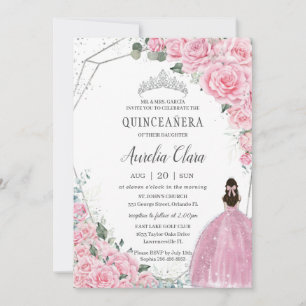 Quinceañera Pink Floral Princess Silver Birthday Invitation