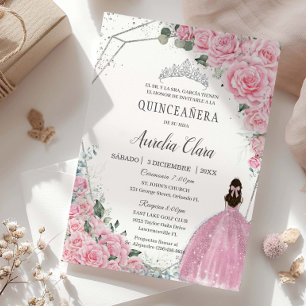Quinceañera Pink Floral Princess Silver Birthday Invitation
