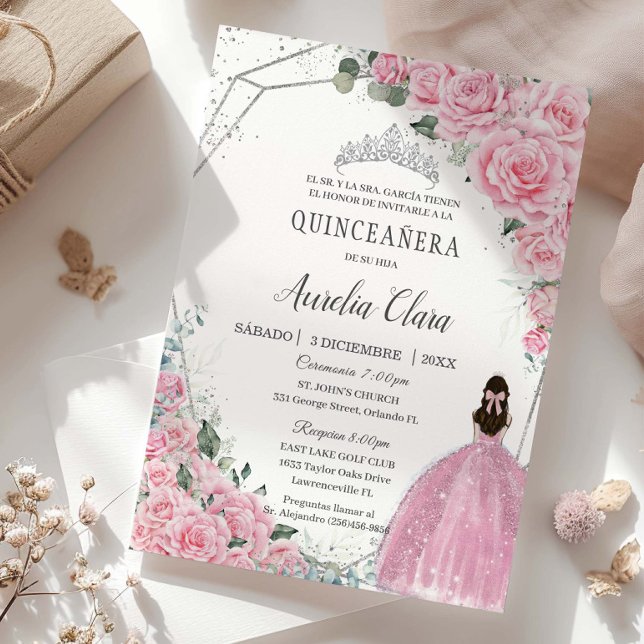Quinceañera Pink Floral Princess Silver Birthday Invitation (Creator Uploaded)