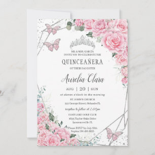 Quinceañera Pink Floral Princess Silver Butterfly Invitation