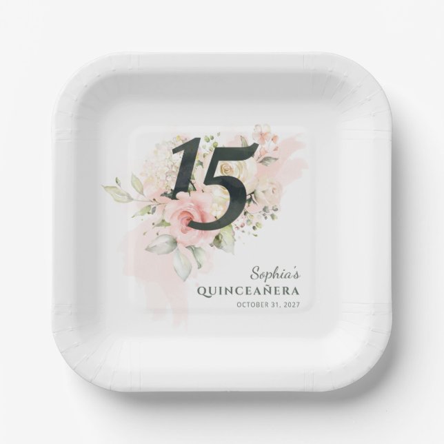 Quinceanera Pink Floral Rustic 15th Birthday Paper Plate (Front)
