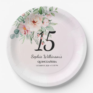 Quinceanera Pink Floral Rustic 15th Birthday Party Paper Plate