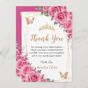 Quinceañera Pink Fuchsia Floral Gold Butterflies Thank You Card