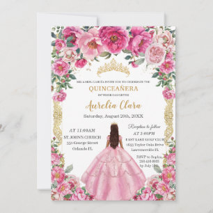 Quinceañera Pink Fuchsia Flowers Butterflies Crown Invitation