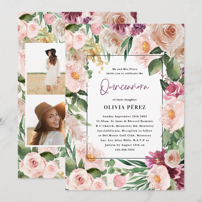 Quinceañera Pink girly floral 4 photo birthday Inv Invitation (Front/Back)