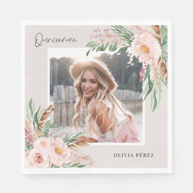 Quinceañera Pink girly floral photo birthday Invit Napkin (Front)