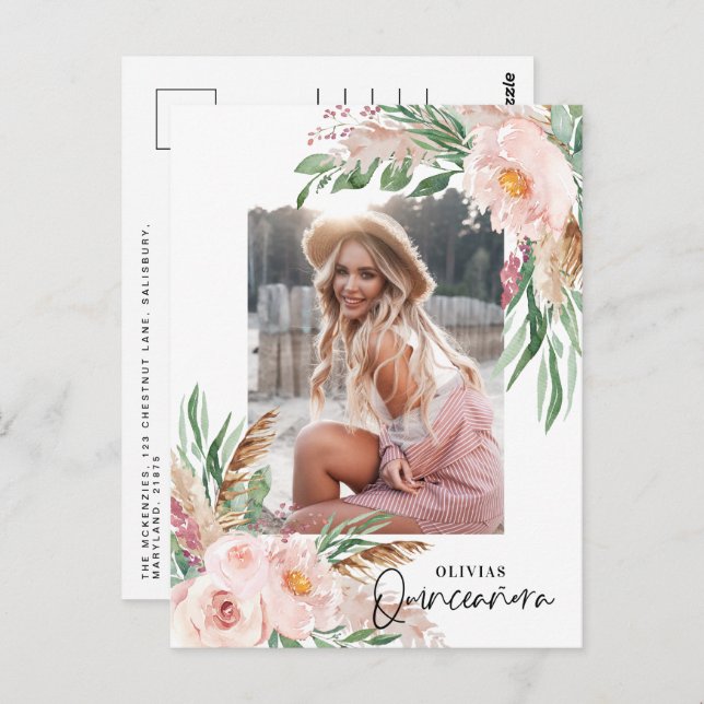 Quinceañera Pink girly floral photo birthday Postcard (Front/Back)