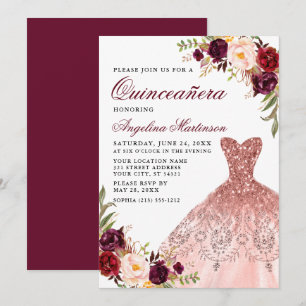 Quinceanera Pink Glitter Dress Burgundy Floral Invitation