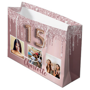 Quinceanera pink glitter drips photo name large gift bag