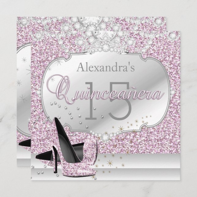 Quinceanera Pink Glitter Glamour 15 Birthday Party Invitation (Front/Back)