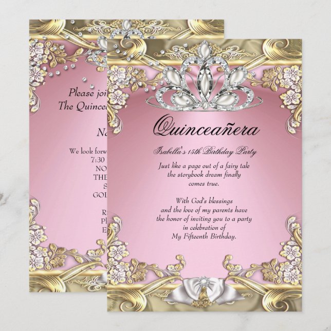Quinceanera Pink Gold 15th Birthday Party Invitation (Front/Back)