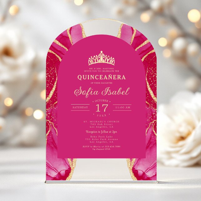 Quinceañera Pink Gold Agate Elegant Acrylic Invitations (Creator Uploaded)