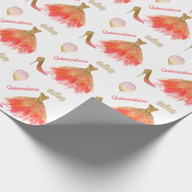 Quinceañera Pink Gold and Orange Party Wear  Wrapping Paper (Corner)