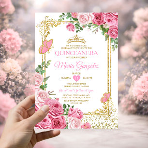 Quinceañera Pink Gold Crown Butterfly 15 Anos Invitation