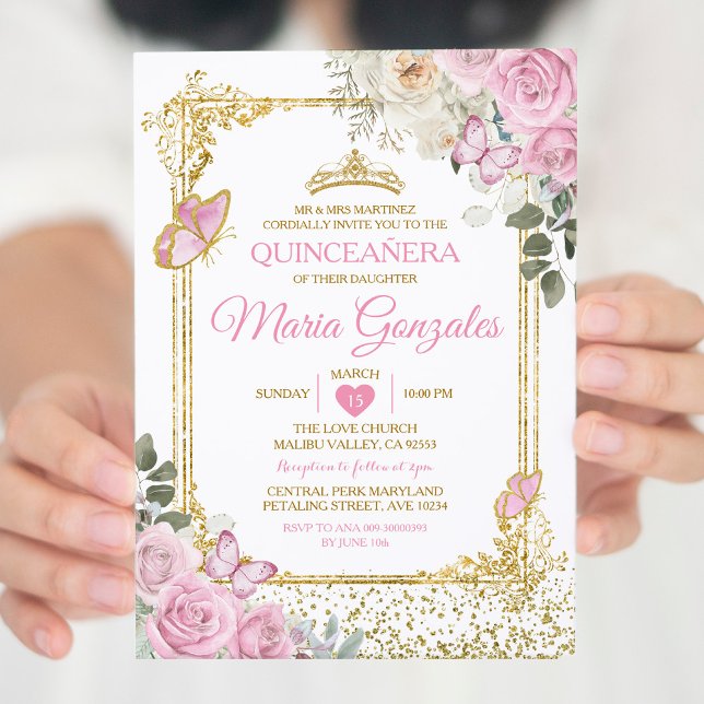 Quinceañera Pink & Gold Crown Mexican Butterfly Invitation (Creator Uploaded)