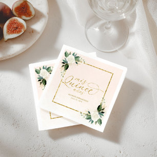 Quinceanera Pink Gold Foil Floral Napkins