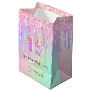 Quinceanera pink holographic drips name medium gift bag