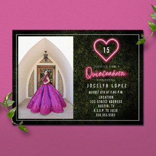 Quinceañera Pink Neon Lights Boxwood Heart Photo Invitation