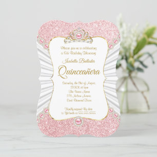 Quinceanera Pink Pearls Gold tiara birthday Party Invitation