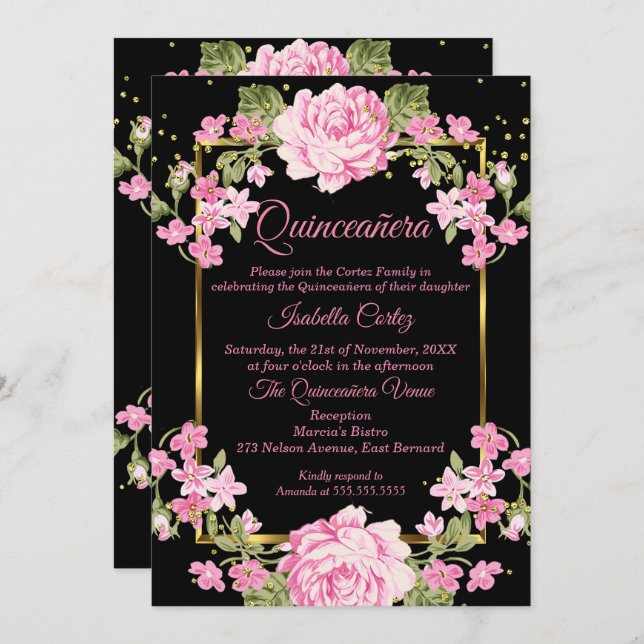 Quinceanera Pink Pretty Country Floral Gold Black Invitation (Front/Back)